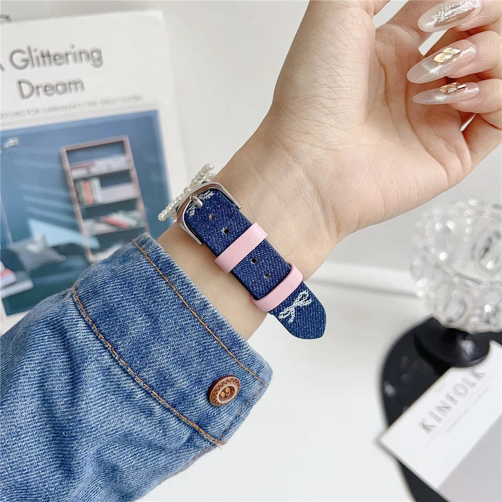 Wrist Strap for Apple Watch Ultra 3 2 1 49mm / Series 11 10 46mm / 9 8 7 45mm / SE3 SE2 SE 6 5 4 44mm / 3 2 1 42mm Pearl Bowknot Denim Leather Watch Band - Bowknot - 6