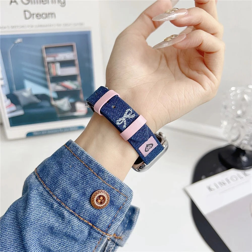 Wrist Strap for Apple Watch Ultra 3 2 1 49mm / Series 11 10 46mm / 9 8 7 45mm / SE3 SE2 SE 6 5 4 44mm / 3 2 1 42mm Pearl Bowknot Denim Leather Watch Band - Bowknot - 7
