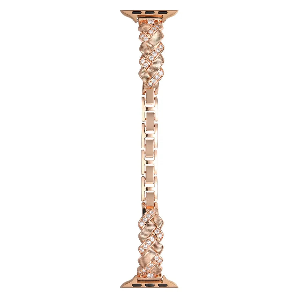 Copper Watch Strap for Apple Watch Series 11 10 42mm / 9 8 7 41mm / SE3 SE2 SE 6 5 4 40mm / 3 2 1 38mm Wheat Ear Zircon Bracelet Band - Rose Gold - 1