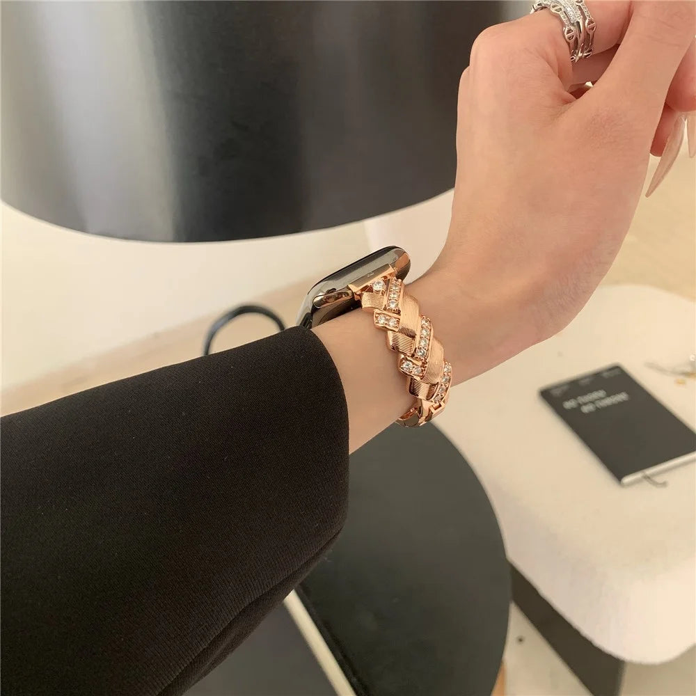 Copper Watch Strap for Apple Watch Series 11 10 42mm / 9 8 7 41mm / SE3 SE2 SE 6 5 4 40mm / 3 2 1 38mm Wheat Ear Zircon Bracelet Band - Rose Gold - 2