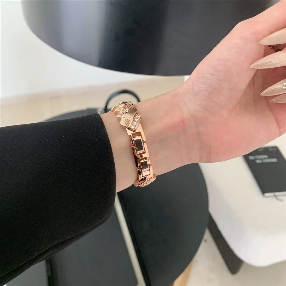 Copper Watch Strap for Apple Watch Series 11 10 42mm / 9 8 7 41mm / SE3 SE2 SE 6 5 4 40mm / 3 2 1 38mm Wheat Ear Zircon Bracelet Band - Rose Gold - 3