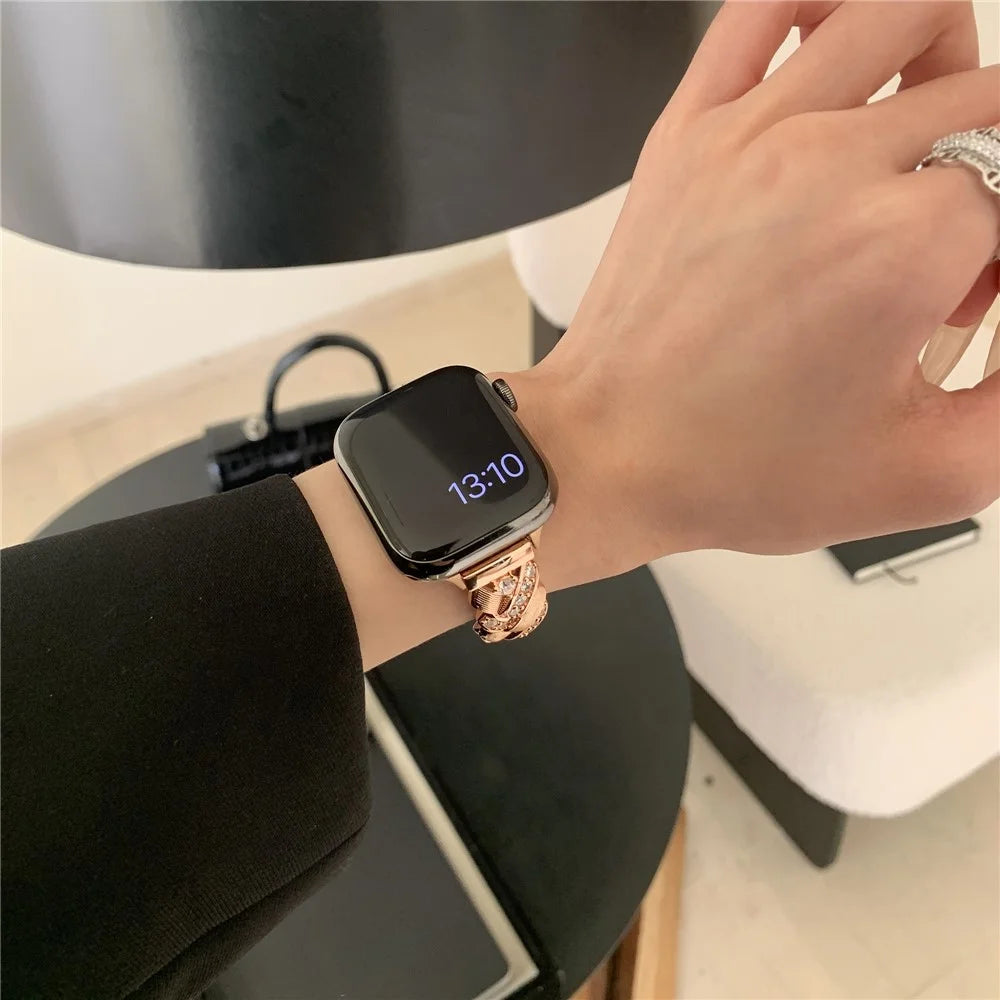 Copper Watch Strap for Apple Watch Series 11 10 42mm / 9 8 7 41mm / SE3 SE2 SE 6 5 4 40mm / 3 2 1 38mm Wheat Ear Zircon Bracelet Band - Rose Gold - 4