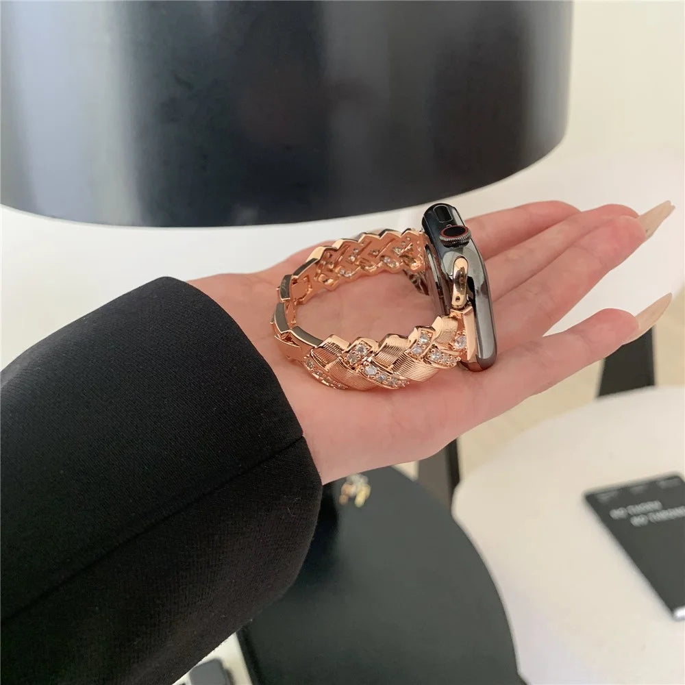 Copper Watch Strap for Apple Watch Series 11 10 42mm / 9 8 7 41mm / SE3 SE2 SE 6 5 4 40mm / 3 2 1 38mm Wheat Ear Zircon Bracelet Band - Rose Gold - 5