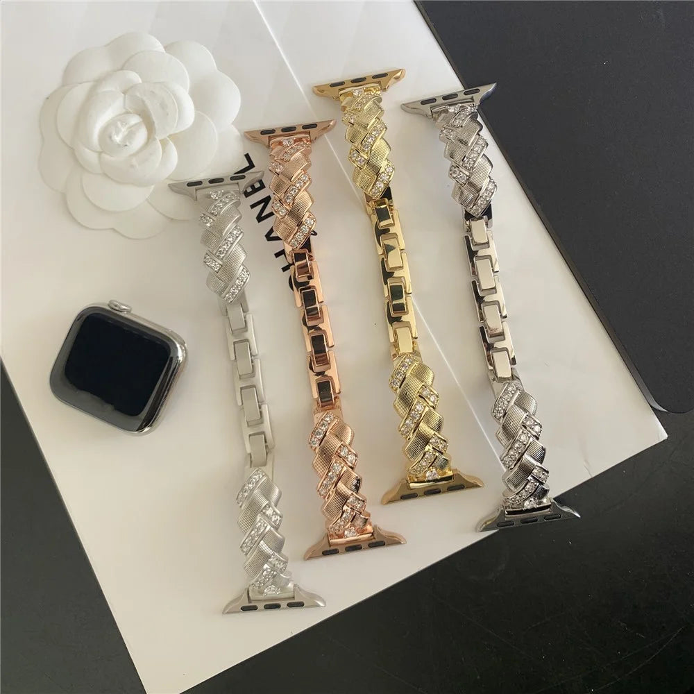 Copper Watch Strap for Apple Watch Series 11 10 42mm / 9 8 7 41mm / SE3 SE2 SE 6 5 4 40mm / 3 2 1 38mm Wheat Ear Zircon Bracelet Band - Rose Gold - 7