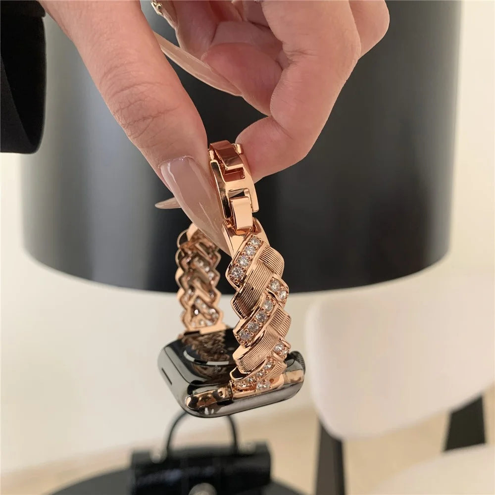 Copper Watch Strap for Apple Watch Ultra 3 2 1 49mm / Series 11 10 46mm / 9 8 7 45mm / SE3 SE2 SE 6 5 4 44mm / 3 2 1 42mm Wheat Ear Zircon Bracelet Band - Rose Gold - 6