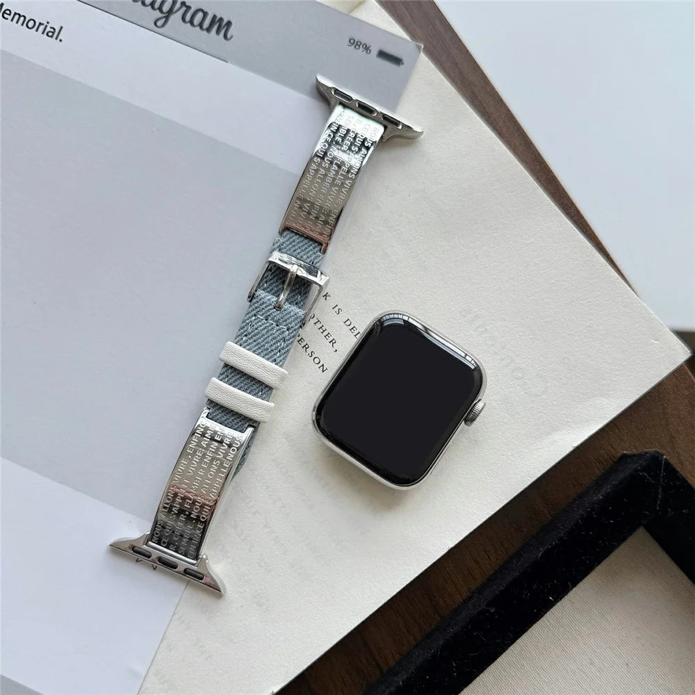 Watch Band For Apple Watch Series 11 10 42mm / 9 8 7 41mm / SE3 SE2 SE 6 5 4 40mm / 3 2 1 38mm Poetry Metal Curved Plate Wrist Strap - Baby Blue Denim - 2