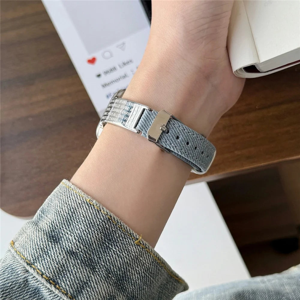 Watch Band For Apple Watch Series 11 10 42mm / 9 8 7 41mm / SE3 SE2 SE 6 5 4 40mm / 3 2 1 38mm Poetry Metal Curved Plate Wrist Strap - Baby Blue Denim - 6