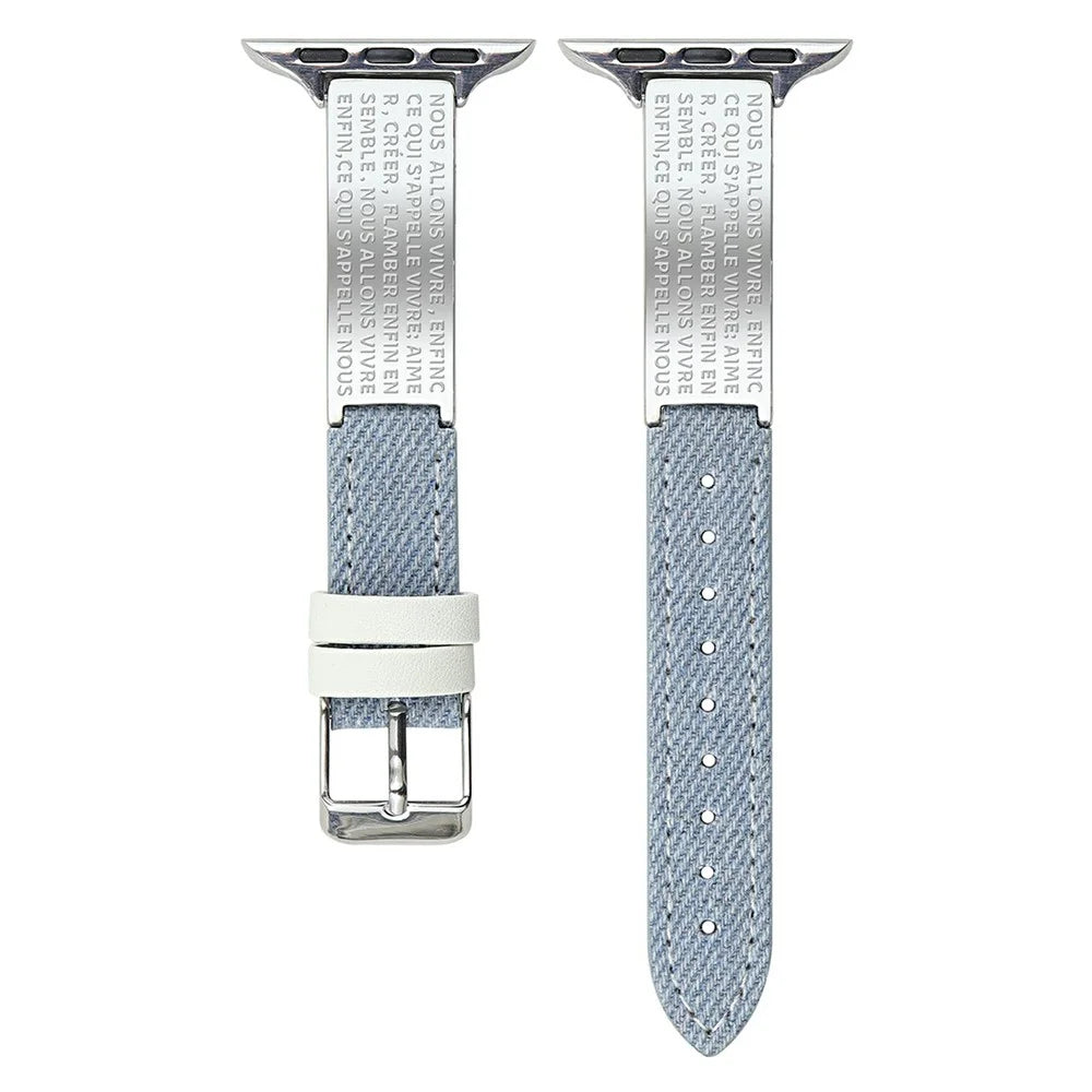 Watch Band For Apple Watch Ultra 3 2 1 49mm / Series 11 10 46mm / 9 8 7 45mm / SE3 SE2 SE 6 5 4 44mm / 3 2 1 42mm Poetry Metal Curved Plate Wrist Strap - Baby Blue Denim - 1