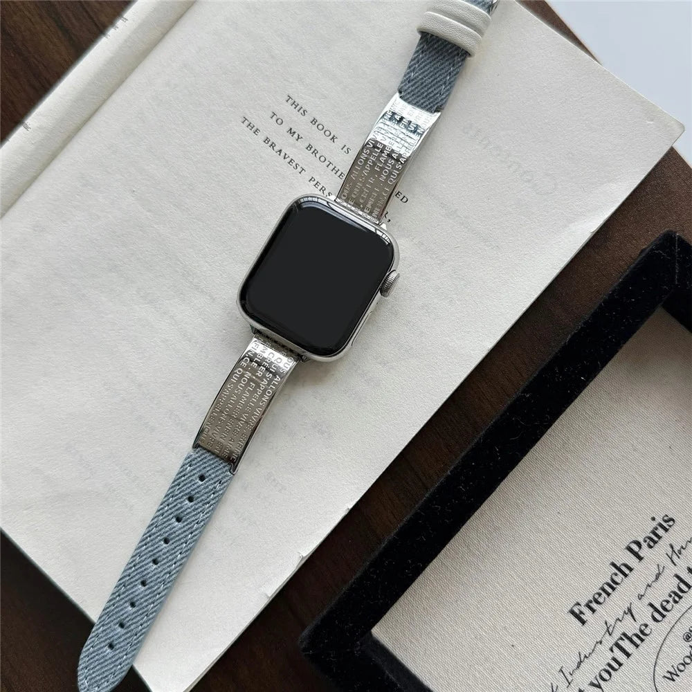 Watch Band For Apple Watch Ultra 3 2 1 49mm / Series 11 10 46mm / 9 8 7 45mm / SE3 SE2 SE 6 5 4 44mm / 3 2 1 42mm Poetry Metal Curved Plate Wrist Strap - Baby Blue Denim - 3