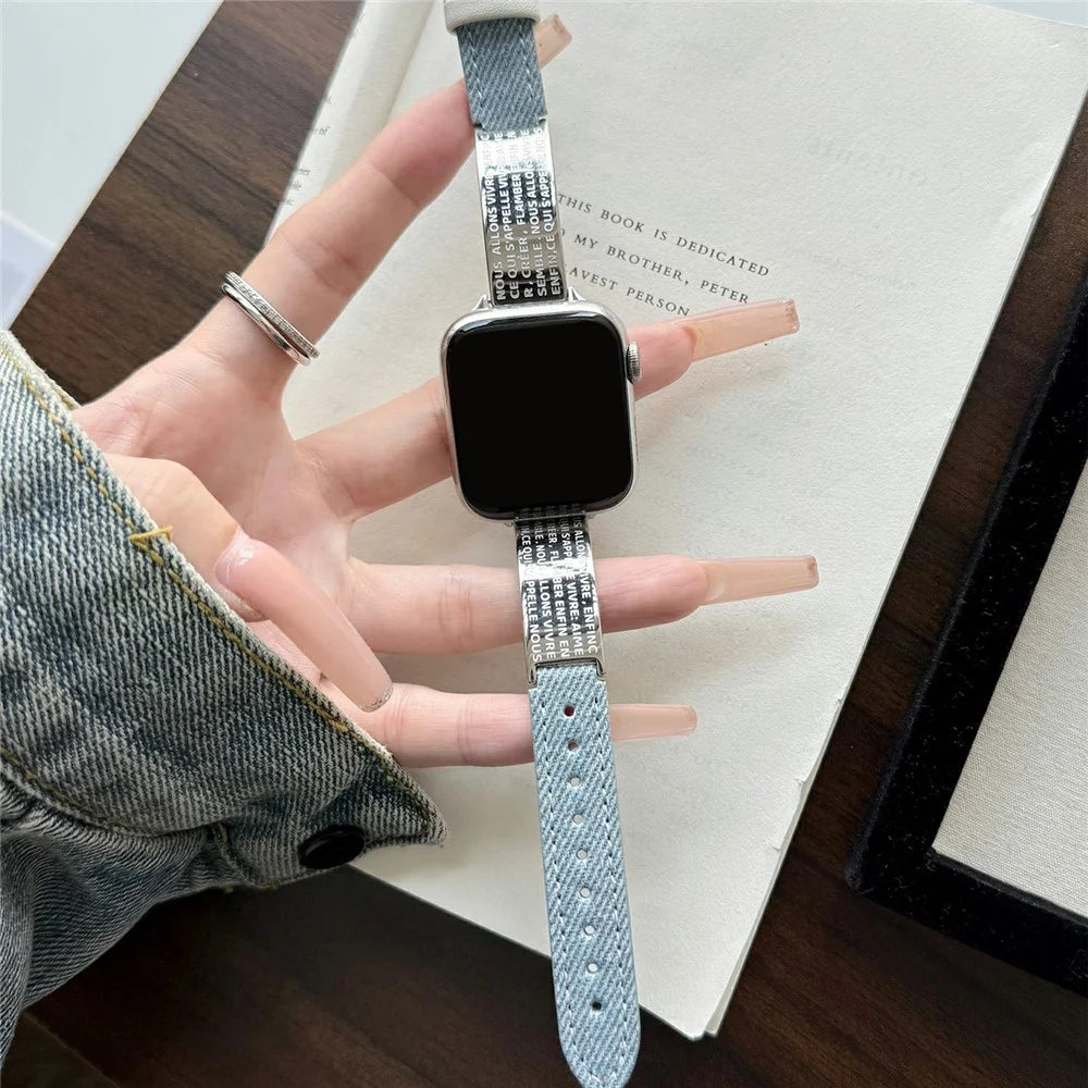 Watch Band For Apple Watch Ultra 3 2 1 49mm / Series 11 10 46mm / 9 8 7 45mm / SE3 SE2 SE 6 5 4 44mm / 3 2 1 42mm Poetry Metal Curved Plate Wrist Strap - Baby Blue Denim - 4