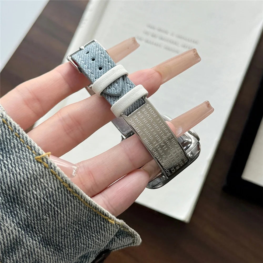 Watch Band For Apple Watch Ultra 3 2 1 49mm / Series 11 10 46mm / 9 8 7 45mm / SE3 SE2 SE 6 5 4 44mm / 3 2 1 42mm Poetry Metal Curved Plate Wrist Strap - Baby Blue Denim - 5