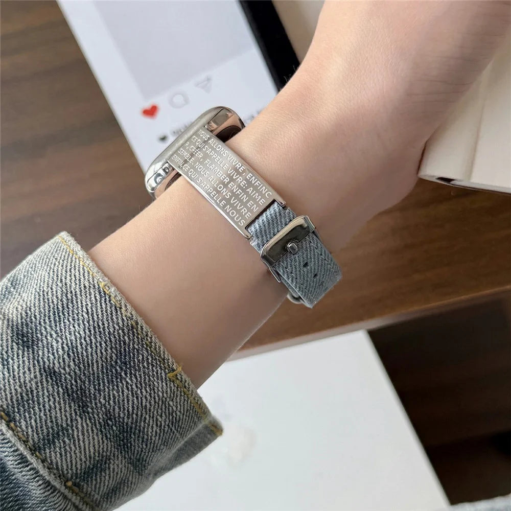 Watch Band For Apple Watch Ultra 3 2 1 49mm / Series 11 10 46mm / 9 8 7 45mm / SE3 SE2 SE 6 5 4 44mm / 3 2 1 42mm Poetry Metal Curved Plate Wrist Strap - Baby Blue Denim - 7