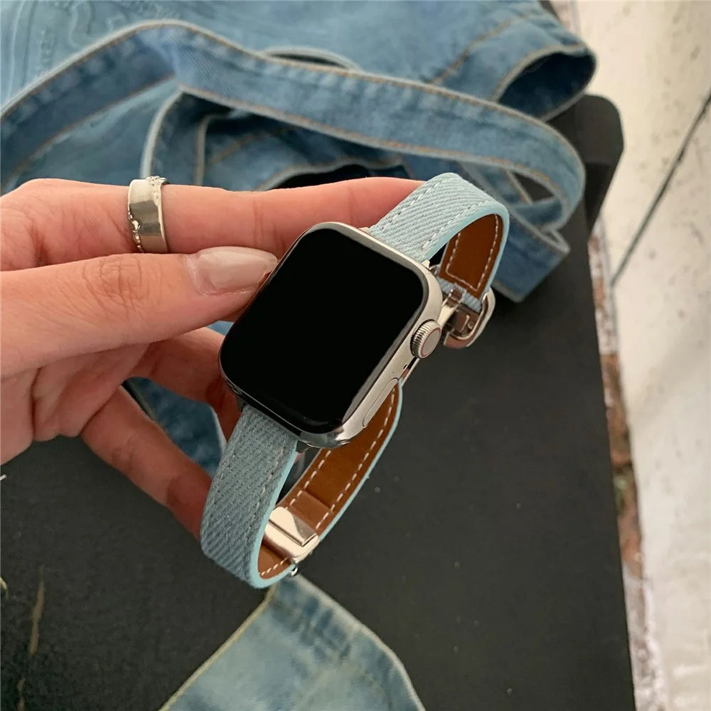 Watch Band For Apple Watch Series 11 10 42mm / 9 8 7 41mm / SE3 SE2 SE 6 5 4 40mm / 3 2 1 38mm Star Pattern Magnetic Buckle Denim Strap - Washed Blue  /  Silver - 2
