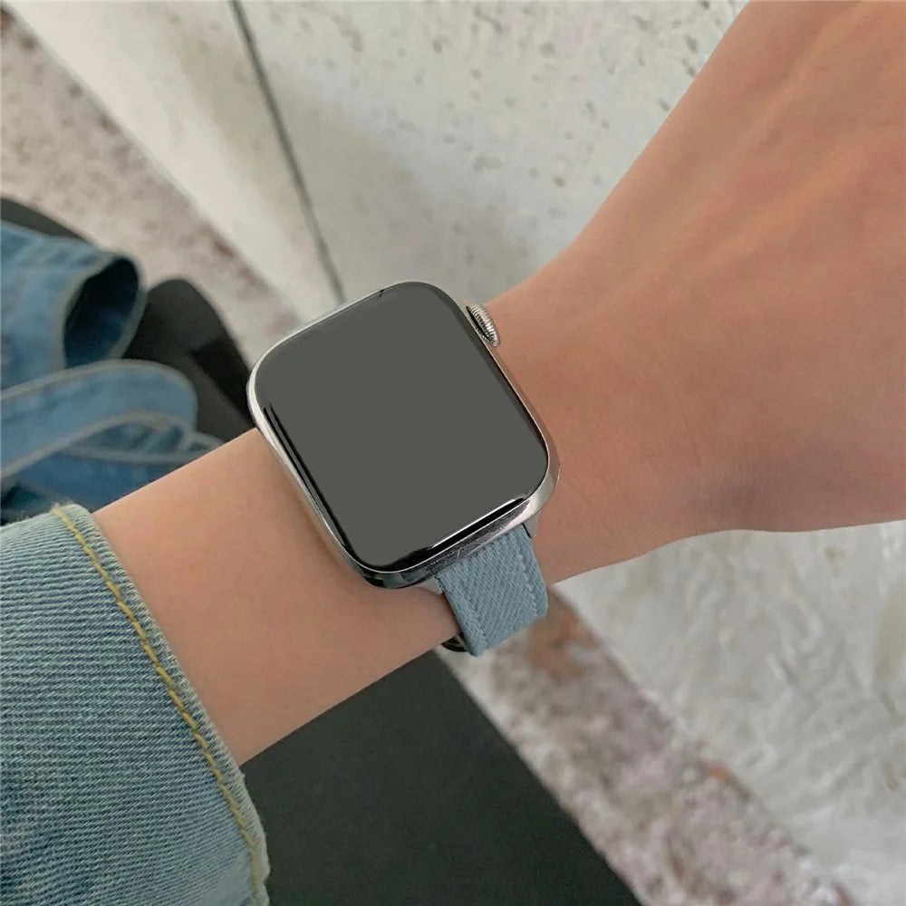 Watch Band For Apple Watch Series 11 10 42mm / 9 8 7 41mm / SE3 SE2 SE 6 5 4 40mm / 3 2 1 38mm Star Pattern Magnetic Buckle Denim Strap - Washed Blue  /  Silver - 3