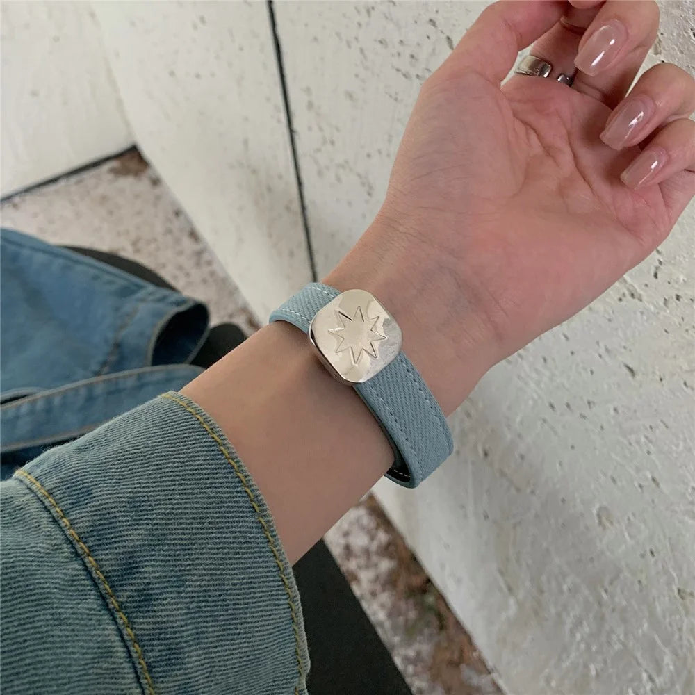 Watch Band For Apple Watch Series 11 10 42mm / 9 8 7 41mm / SE3 SE2 SE 6 5 4 40mm / 3 2 1 38mm Star Pattern Magnetic Buckle Denim Strap - Washed Blue  /  Silver - 4