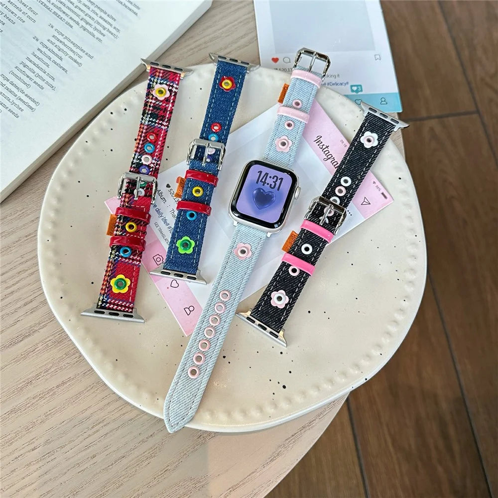 Denim Watch Band for Apple Watch Series 11 10 42mm / 9 8 7 41mm / SE3 SE2 SE 6 5 4 40mm / 3 2 1 38mm Dopamine Flower Strap - Red Plaid - 4