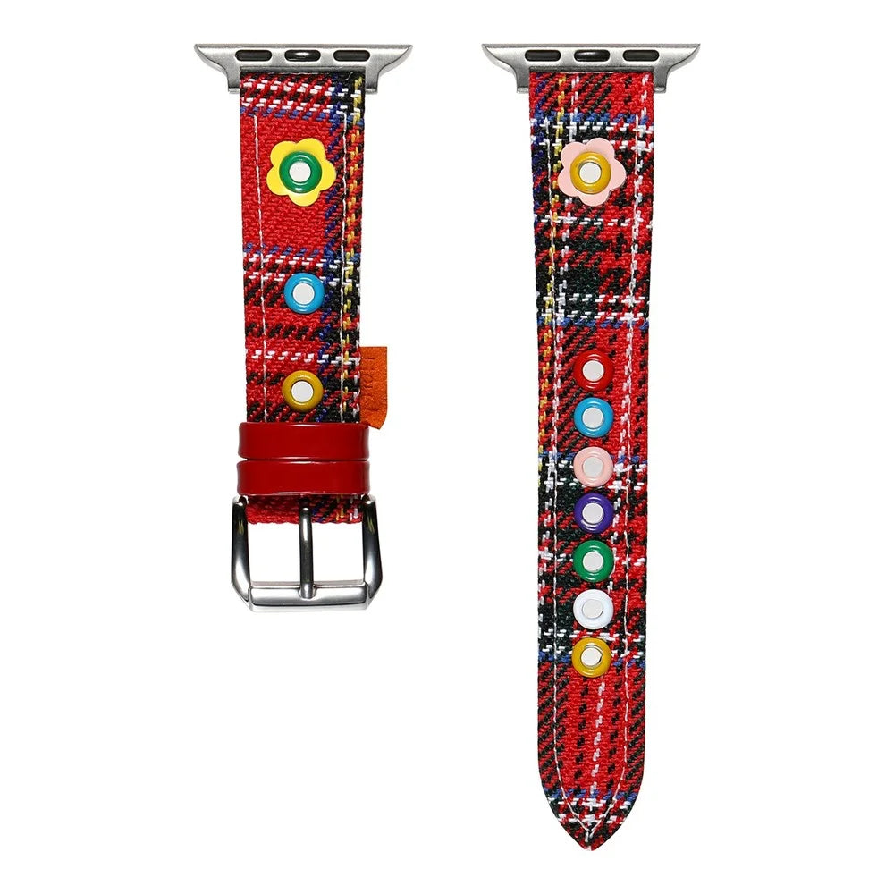 Denim Watch Band for Apple Watch Ultra 3 2 1 49mm / Series 11 10 46mm / 9 8 7 45mm / SE3 SE2 SE 6 5 4 44mm / 3 2 1 42mm Dopamine Flower Strap - Red Plaid - 1
