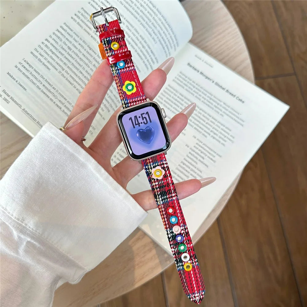 Denim Watch Band for Apple Watch Ultra 3 2 1 49mm / Series 11 10 46mm / 9 8 7 45mm / SE3 SE2 SE 6 5 4 44mm / 3 2 1 42mm Dopamine Flower Strap - Red Plaid - 2