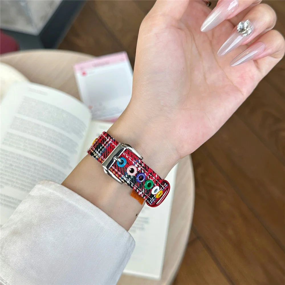 Denim Watch Band for Apple Watch Ultra 3 2 1 49mm / Series 11 10 46mm / 9 8 7 45mm / SE3 SE2 SE 6 5 4 44mm / 3 2 1 42mm Dopamine Flower Strap - Red Plaid - 3