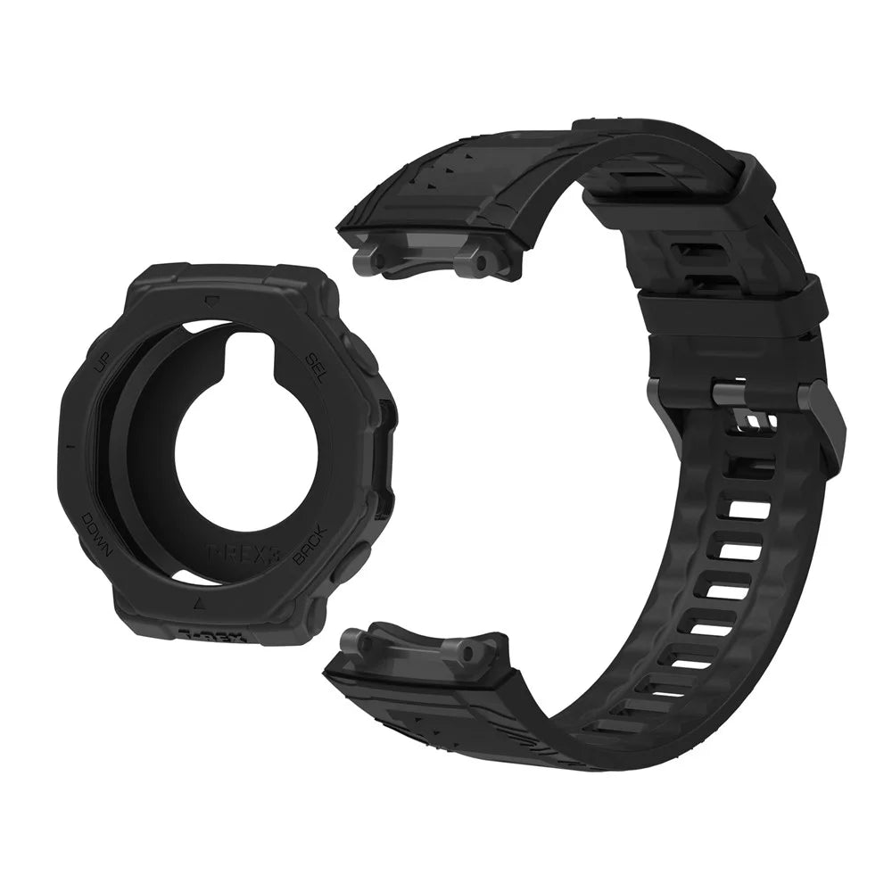 For Huami Amazfit T-Rex 3 Silicone Replacement Strap Watch Band with Protective Case - Black - 1