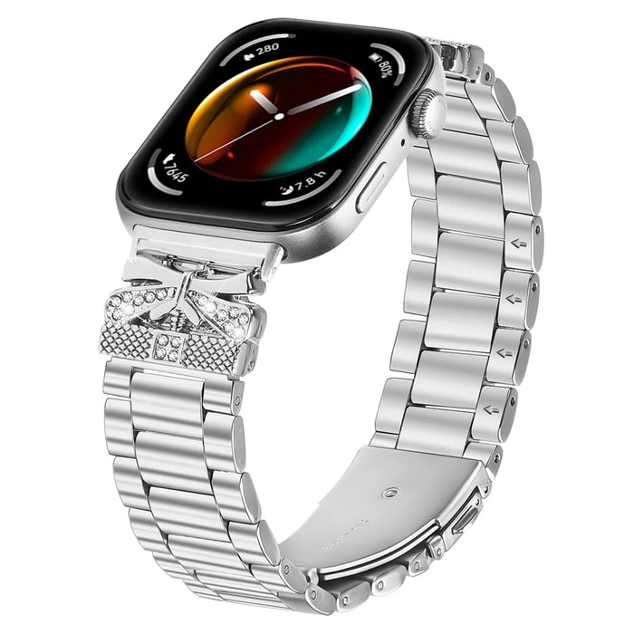 For Huawei Watch Fit 3 Replacement Strap Butterfly Rhinestones Decor Silver Stainless Steel Watch Band - 2