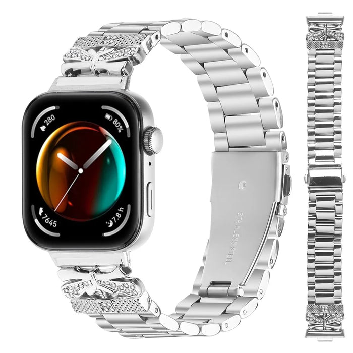For Huawei Watch Fit 3 Replacement Strap Butterfly Rhinestones Decor Silver Stainless Steel Watch Band - 3
