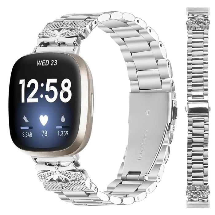 Replacement Strap for Fitbit Versa 3 / Sense Butterfly Rhinestones Decor Silver Watch Band - 3