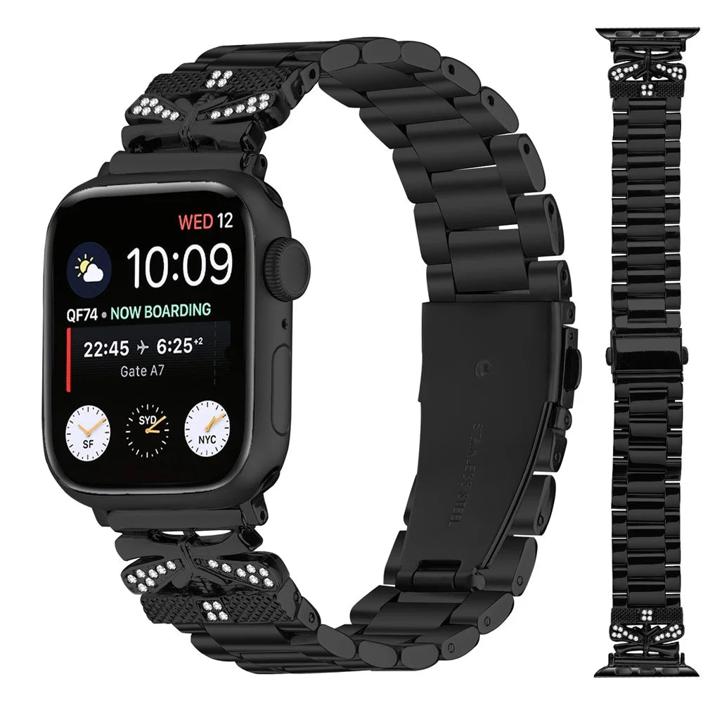 Replacement Strap for Apple Watch Ultra 3 2 1 49mm / Series 11 10 46mm / 9 8 7 45mm / SE3 SE2 SE 6 5 4 44mm / 3 2 1 42mm Butterfly Rhinestones Decor Watch Band - Black - 3