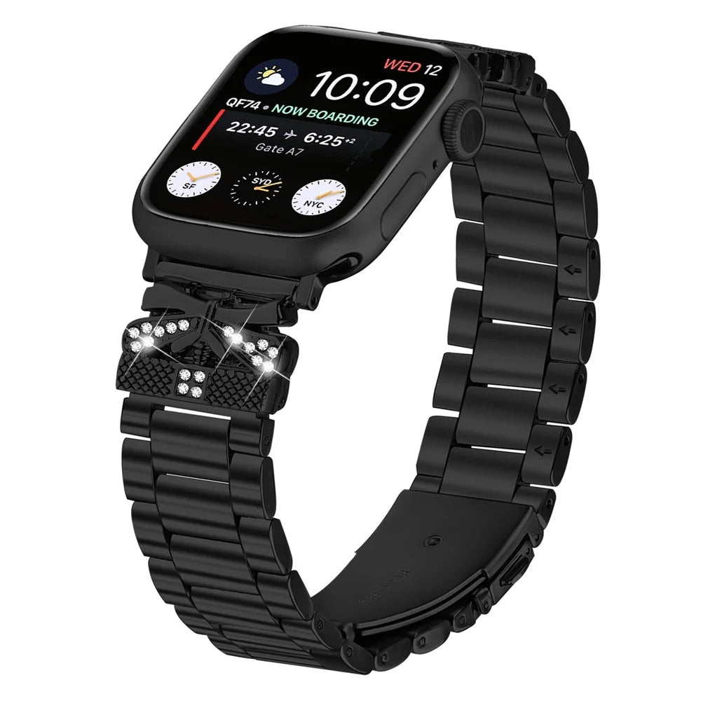 Replacement Strap for Apple Watch Series 11 10 42mm / 9 8 7 41mm / SE3 SE2 SE 6 5 4 40mm / 3 2 1 38mm Butterfly Rhinestones Decor Watch Band - Black - 2