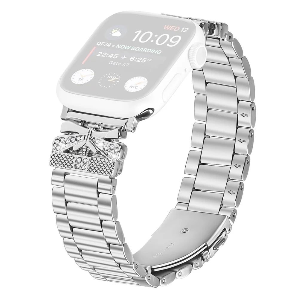 Replacement Strap for Apple Watch Ultra 3 2 1 49mm / Series 11 10 46mm / 9 8 7 45mm / SE3 SE2 SE 6 5 4 44mm / 3 2 1 42mm Butterfly Rhinestones Decor Silver Watch Band - 1