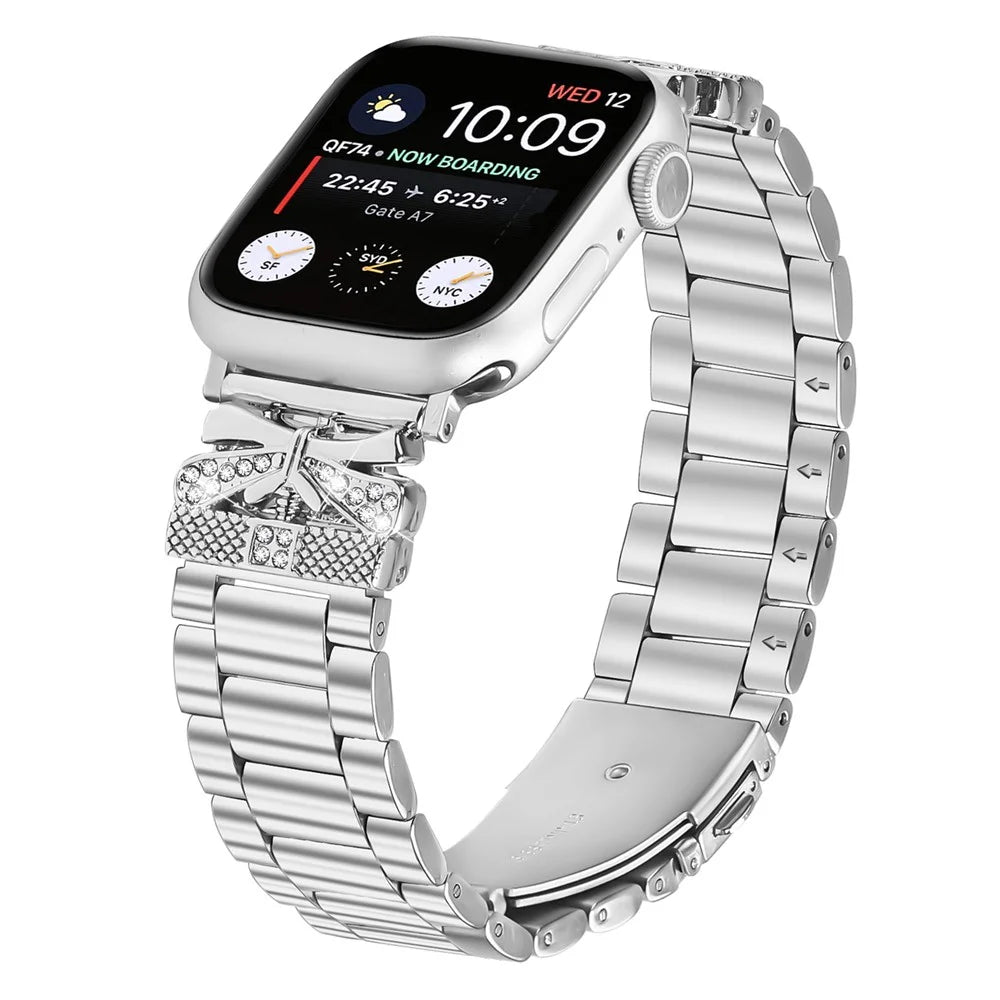 Replacement Strap for Apple Watch Ultra 3 2 1 49mm / Series 11 10 46mm / 9 8 7 45mm / SE3 SE2 SE 6 5 4 44mm / 3 2 1 42mm Butterfly Rhinestones Decor Silver Watch Band - 2