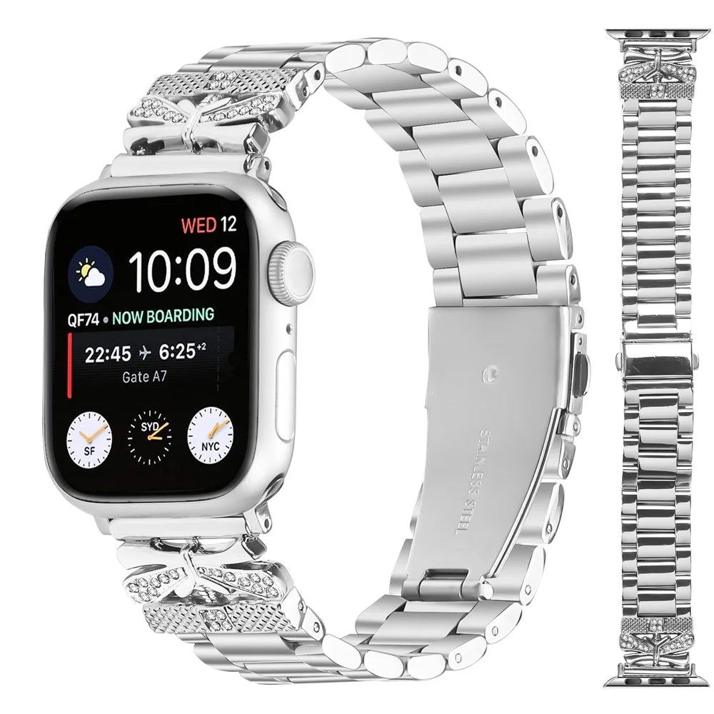 Replacement Strap for Apple Watch Ultra 3 2 1 49mm / Series 11 10 46mm / 9 8 7 45mm / SE3 SE2 SE 6 5 4 44mm / 3 2 1 42mm Butterfly Rhinestones Decor Silver Watch Band - 3