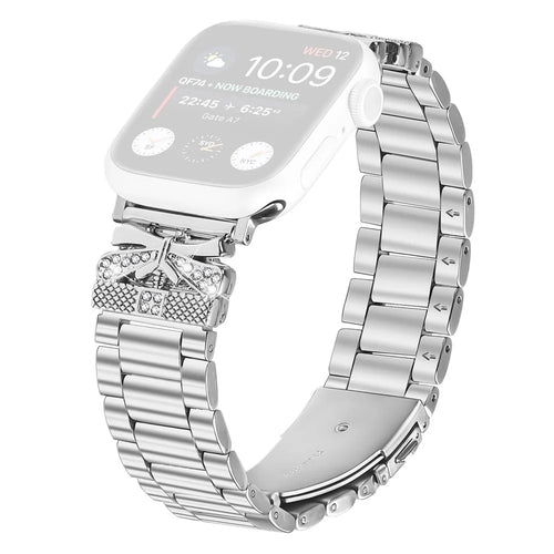 Replacement Strap for Apple Watch Series 11 10 42mm / 9 8 7 41mm / SE3 SE2 SE 6 5 4 40mm / 3 2 1 38mm Butterfly Rhinestones Decor Silver Watch Band - 1