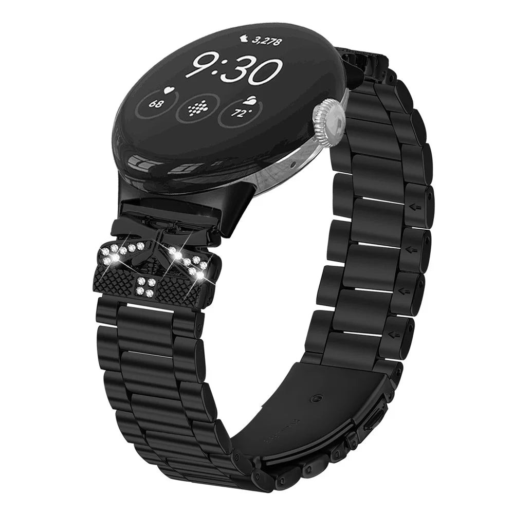 Replacement Strap for Google Pixel Watch 4 41mm / Watch 3 41mm / Watch 2 / Watch Butterfly Rhinestones Decor Metal Watch Band - Black - 2