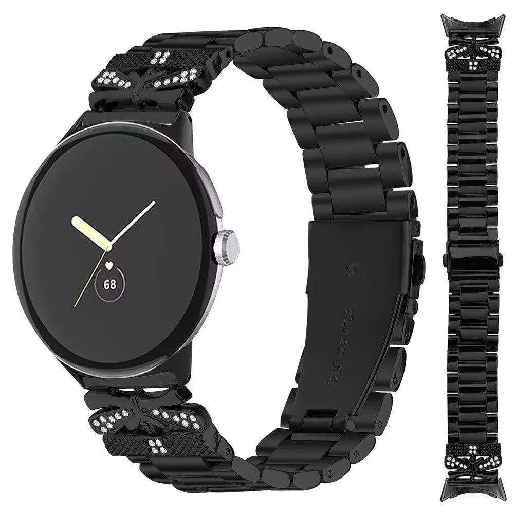 Replacement Strap for Google Pixel Watch 4 41mm / Watch 3 41mm / Watch 2 / Watch Butterfly Rhinestones Decor Metal Watch Band - Black - 3