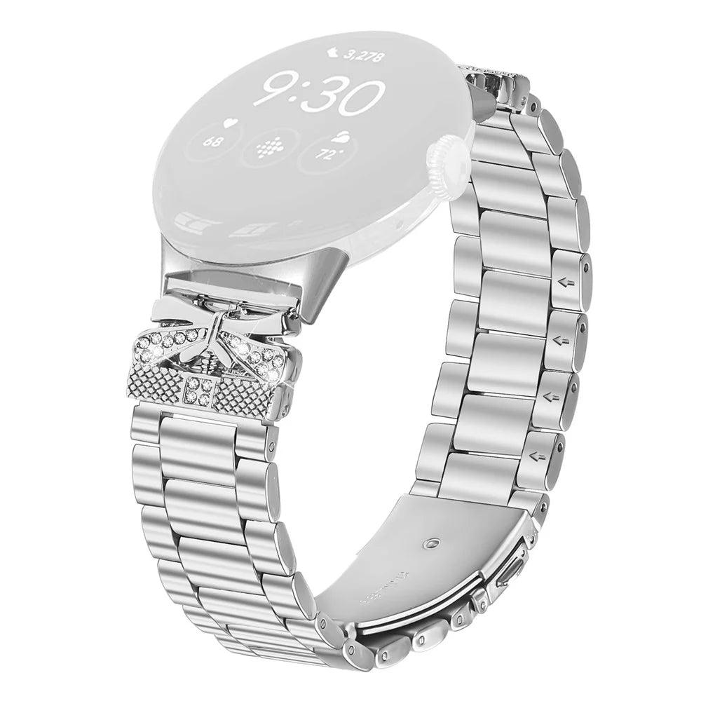 For Google Pixel Watch 4 41mm / Watch 3 41mm / Watch 2 / Watch Replacement Strap Butterfly Rhinestones Decor Silver Stainless Steel Watch Band - 1