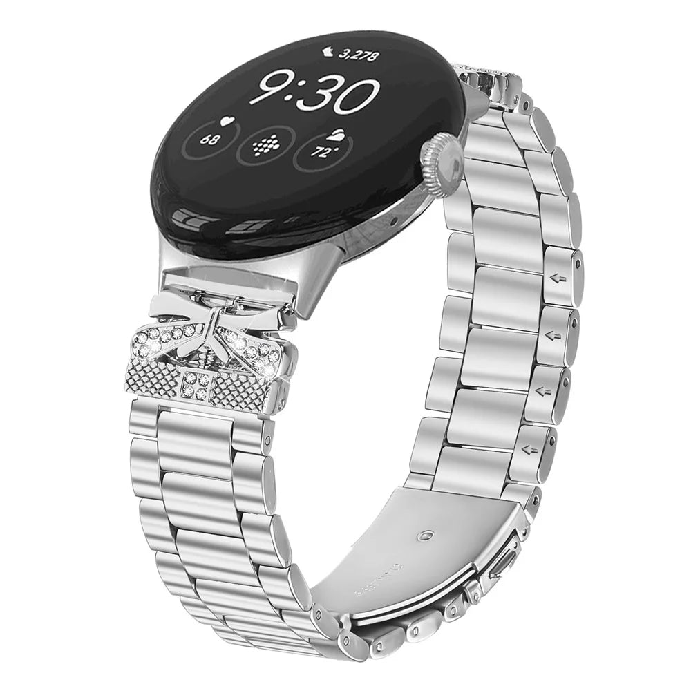 For Google Pixel Watch 4 41mm / Watch 3 41mm / Watch 2 / Watch Replacement Strap Butterfly Rhinestones Decor Silver Stainless Steel Watch Band - 2