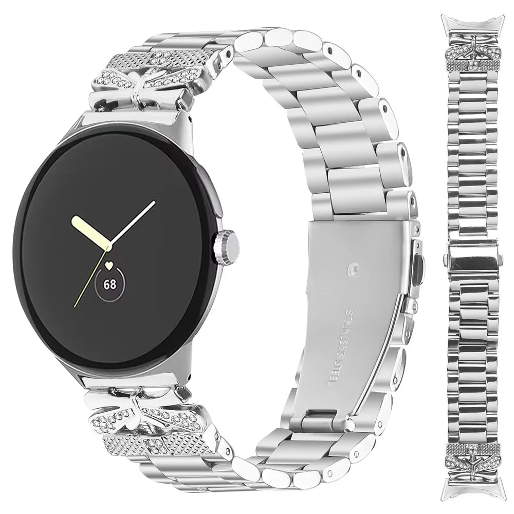 For Google Pixel Watch 4 41mm / Watch 3 41mm / Watch 2 / Watch Replacement Strap Butterfly Rhinestones Decor Silver Stainless Steel Watch Band - 3