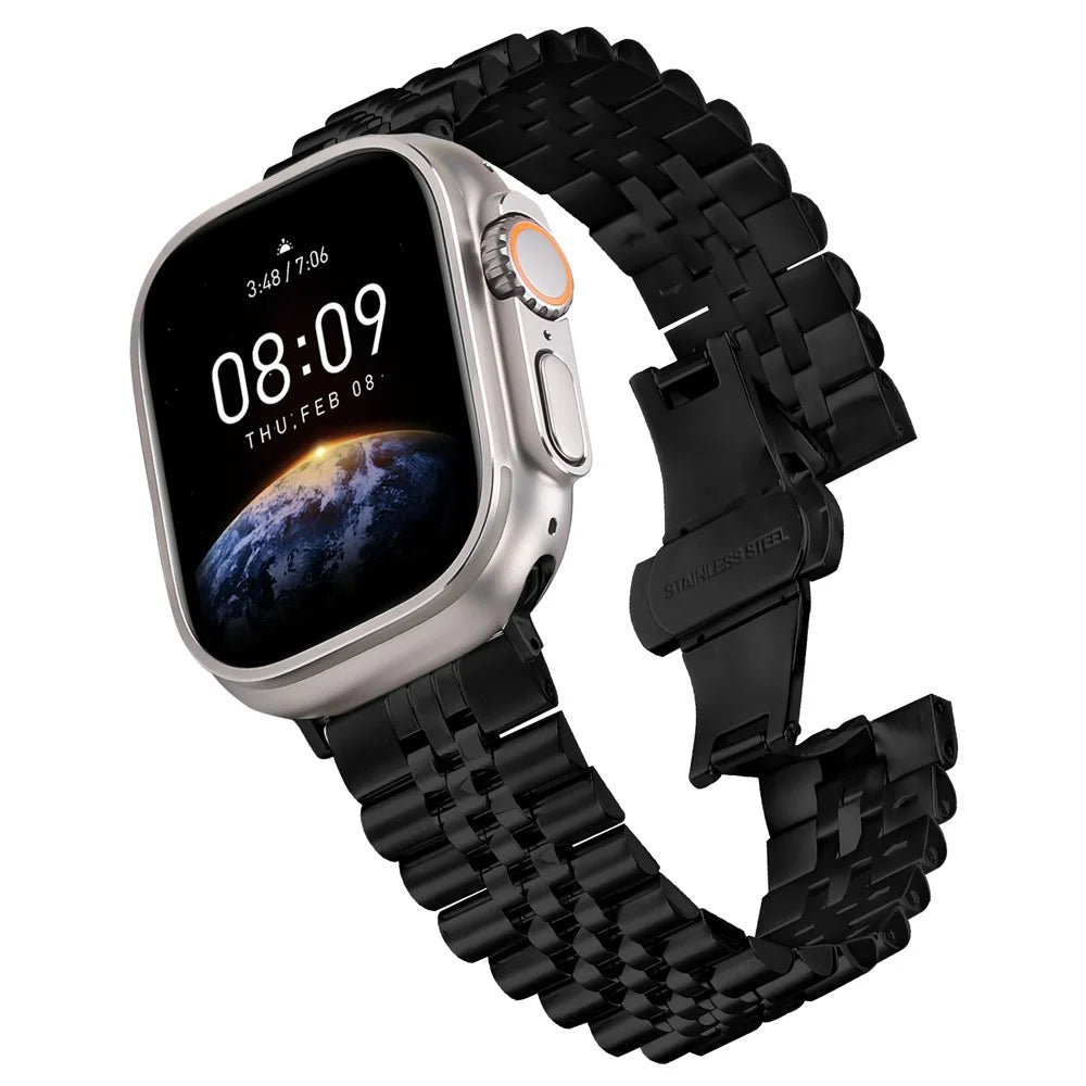 Metal Watch Band for Apple Watch Series 11 10 42mm / 9 8 7 41mm / SE3 SE2 SE 6 5 4 40mm / 3 2 1 38mm Replacement Strap with Butterfly Clasp - Black - 2