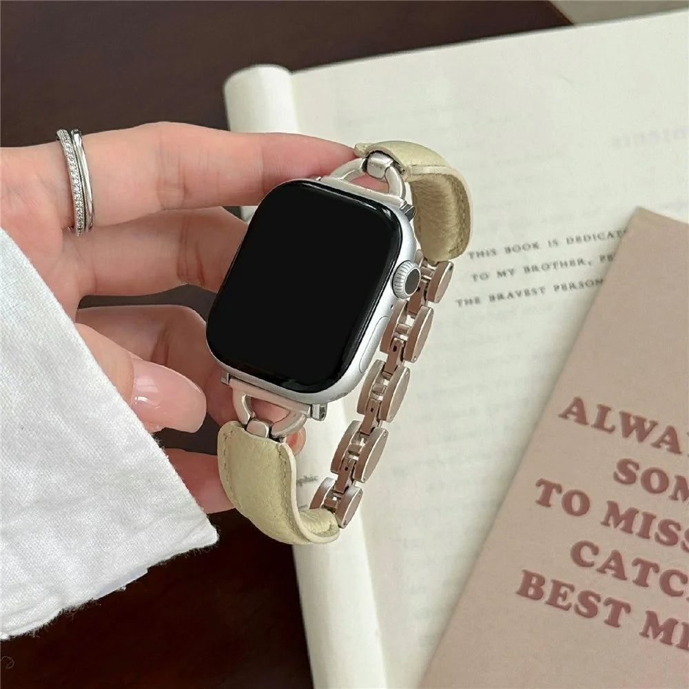 Watch Band For Apple Watch Series 11 10 42mm / 9 8 7 41mm / SE3 SE2 SE 6 5 4 40mm / 3 2 1 38mm D-Shaped Buckle Litchi Texture Leather Strap - Cream Yellow  /  Starlight - 2