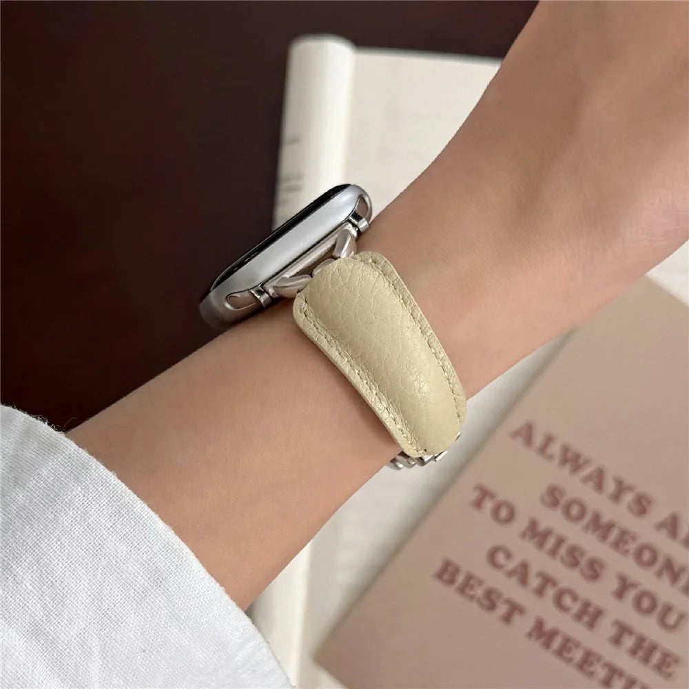 Watch Band For Apple Watch Series 11 10 42mm / 9 8 7 41mm / SE3 SE2 SE 6 5 4 40mm / 3 2 1 38mm D-Shaped Buckle Litchi Texture Leather Strap - Cream Yellow  /  Starlight - 5