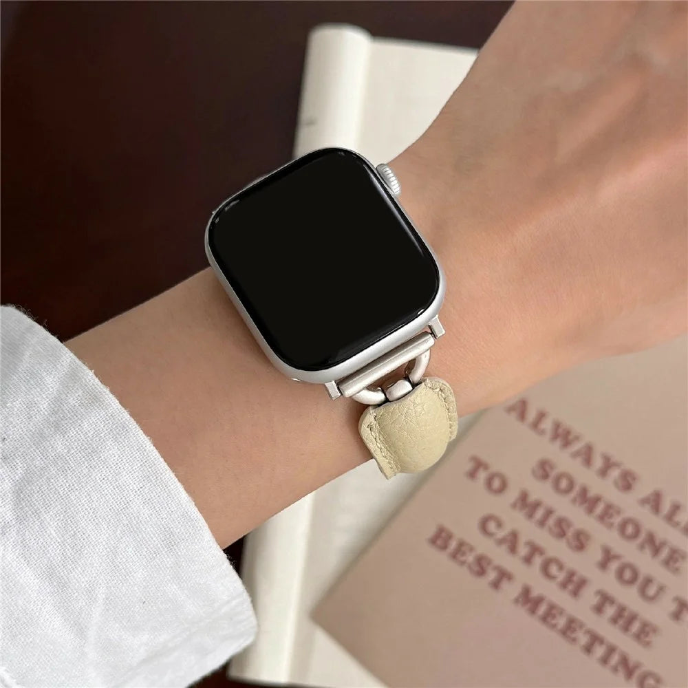 Watch Band For Apple Watch Ultra 3 2 1 49mm / Series 11 10 46mm / 9 8 7 45mm / SE3 SE2 SE 6 5 4 44mm / 3 2 1 42mm D-Shaped Buckle Leather Strap - Cream Yellow  /  Starlight - 4