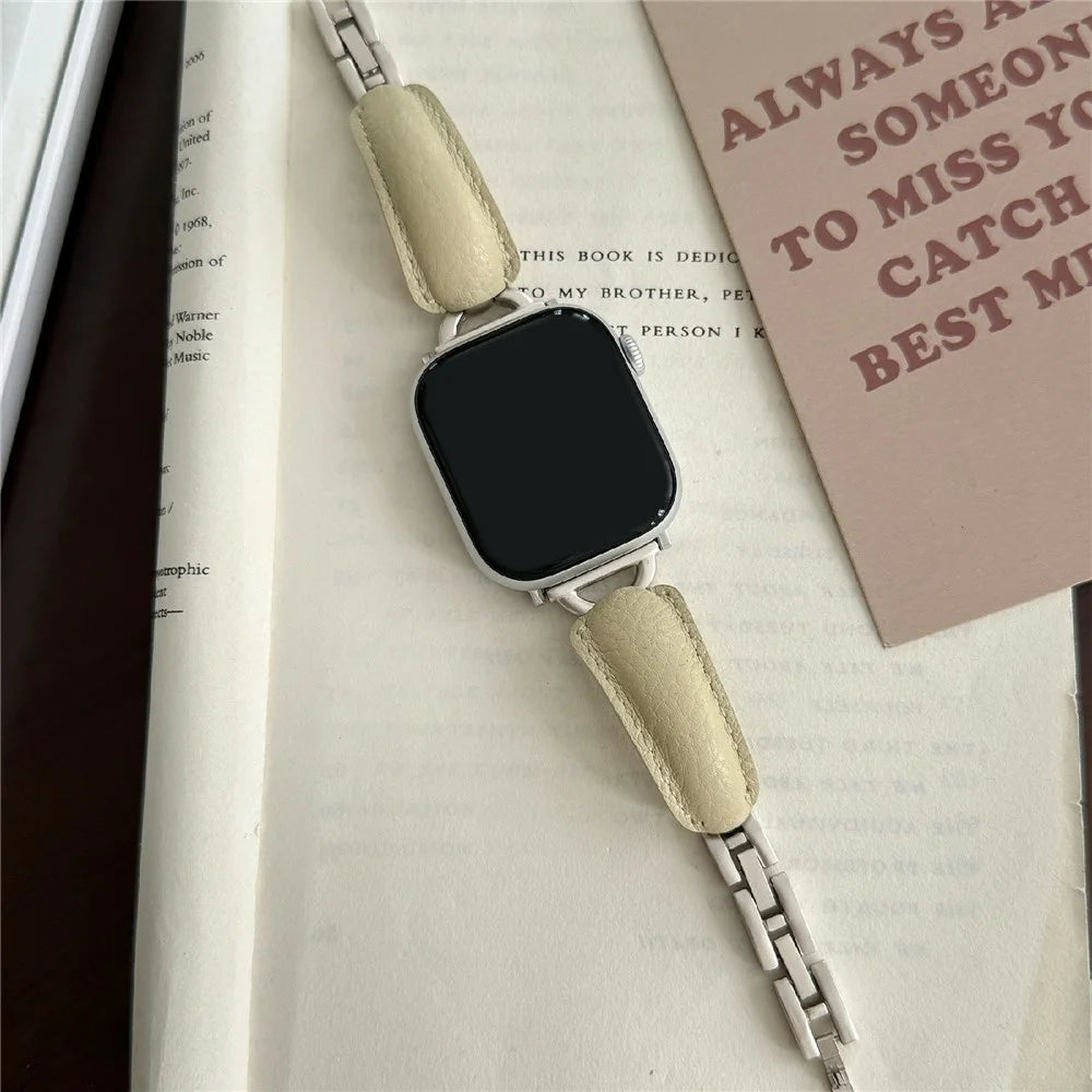 Watch Band For Apple Watch Ultra 3 2 1 49mm / Series 11 10 46mm / 9 8 7 45mm / SE3 SE2 SE 6 5 4 44mm / 3 2 1 42mm D-Shaped Buckle Leather Strap - Cream Yellow  /  Starlight - 6