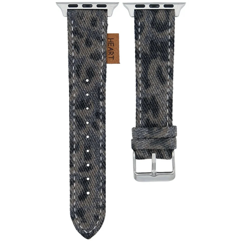 Watch Band For Apple Watch Ultra 3 2 1 49mm / Series 11 10 46mm / 9 8 7 45mm / SE3 SE2 SE 6 5 4 44mm / 3 2 1 42mm Denim Genuine Leather Strap - Vintage Leopard - 1