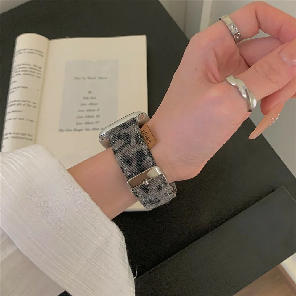 Watch Band For Apple Watch Ultra 3 2 1 49mm / Series 11 10 46mm / 9 8 7 45mm / SE3 SE2 SE 6 5 4 44mm / 3 2 1 42mm Denim Genuine Leather Strap - Vintage Leopard - 7