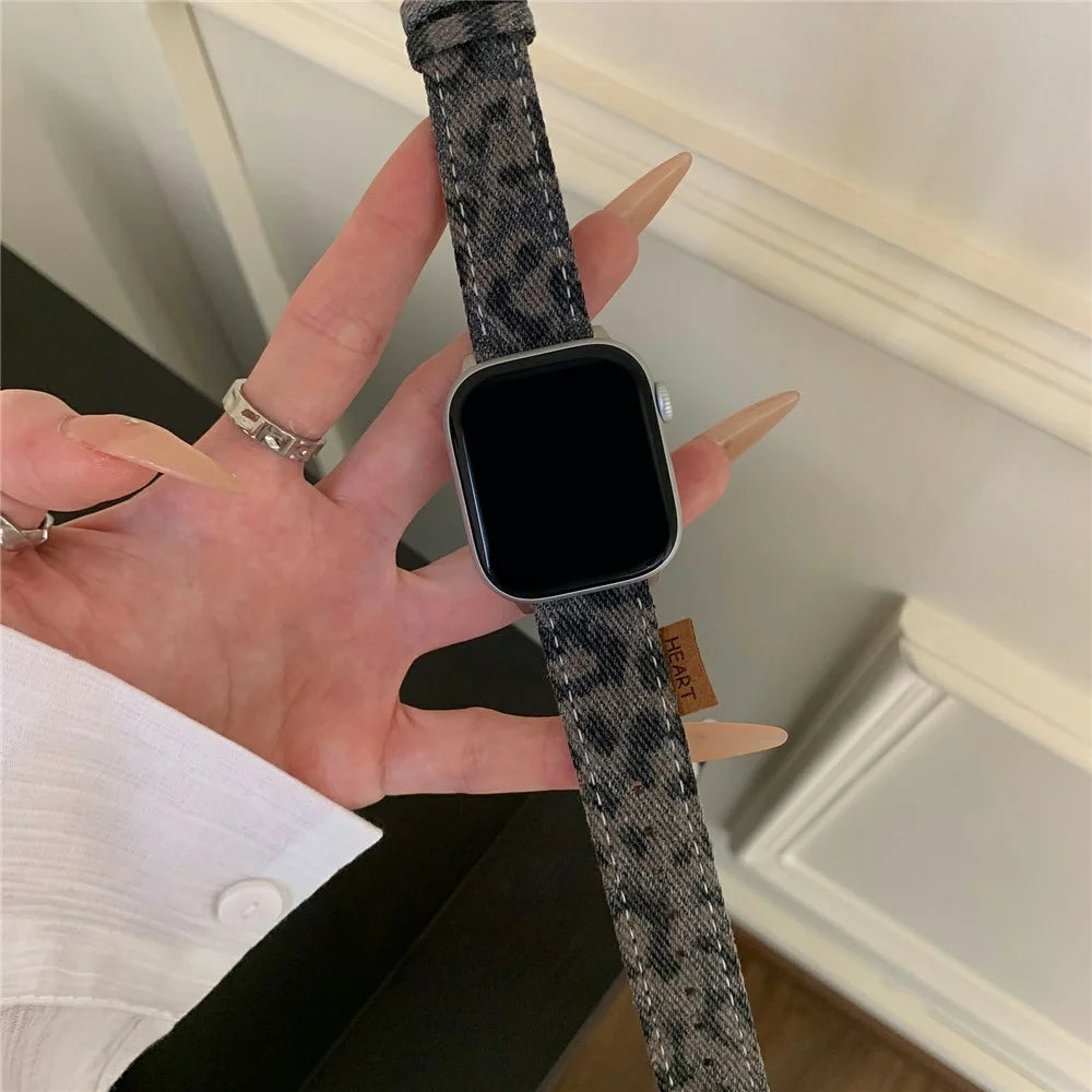 Watch Band For Apple Watch Series 11 10 42mm / 9 8 7 41mm / SE3 SE2 SE 6 5 4 40mm / 3 2 1 38mm Denim Genuine Leather Strap - Vintage Leopard - 2