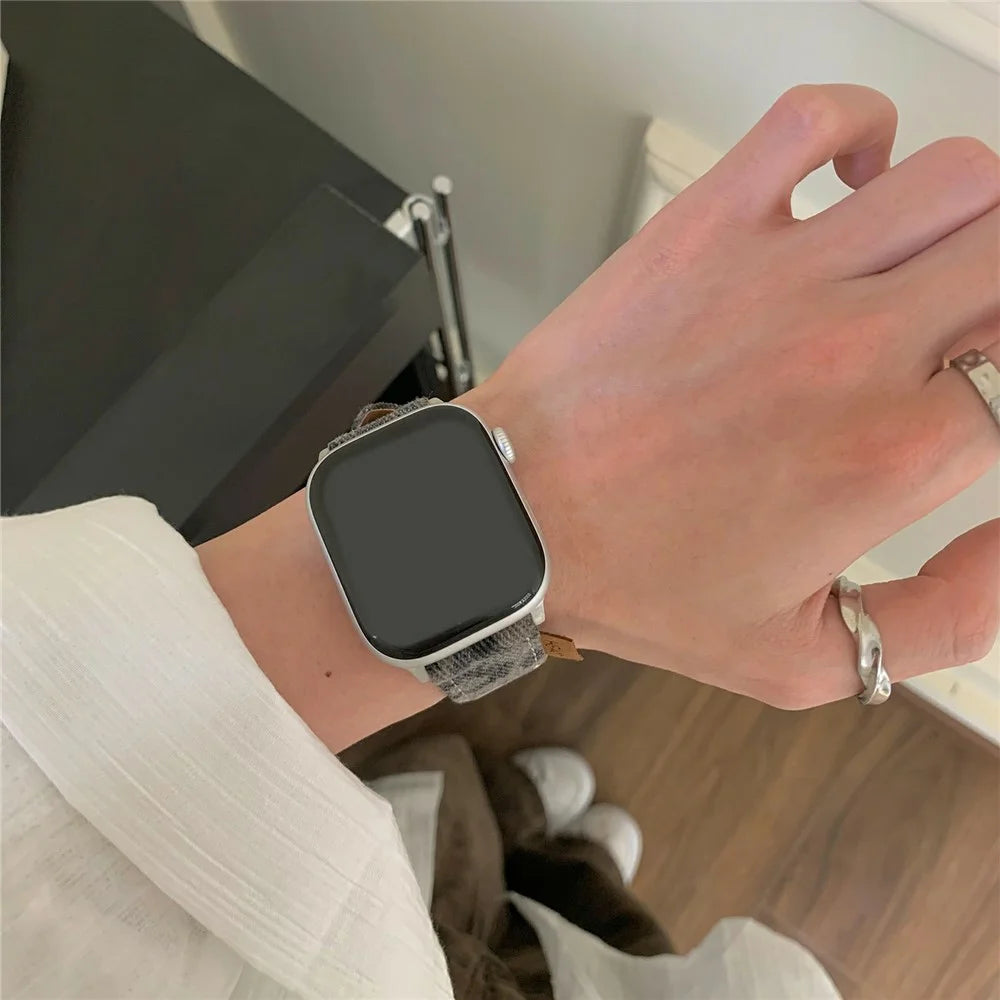 Watch Band For Apple Watch Series 11 10 42mm / 9 8 7 41mm / SE3 SE2 SE 6 5 4 40mm / 3 2 1 38mm Denim Genuine Leather Strap - Vintage Leopard - 3