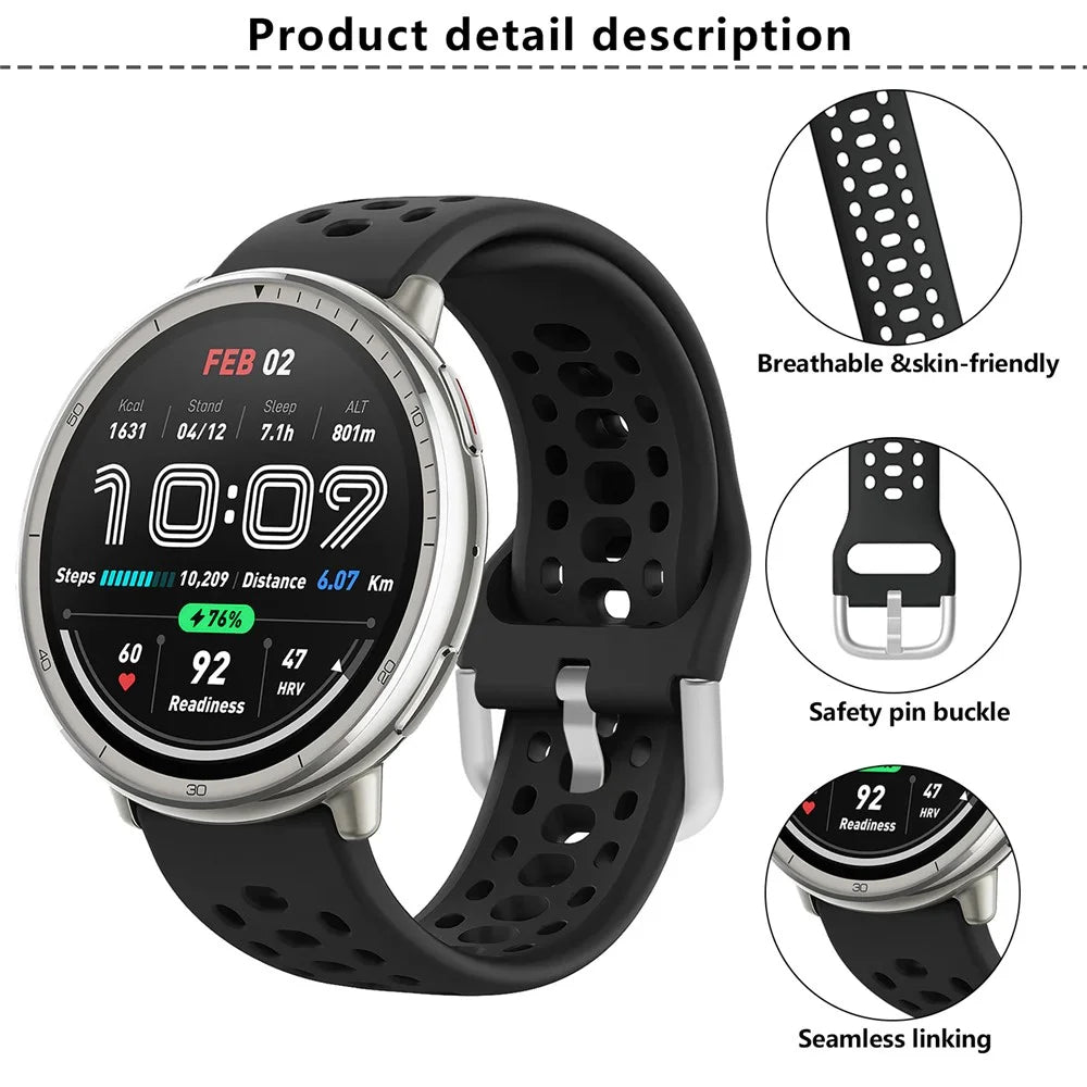KALEBOL 20mm Strap for Samsung Galaxy Watch6 Classic 43mm 47mm / Watch6 40mm 44mm Multiple Holes Silicone Watch Band - Black - 5