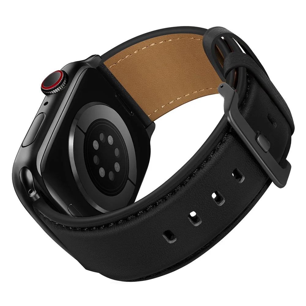 Watch Band for Apple Watch Ultra 3 2 1 49mm / Series 11 10 46mm / 9 8 7 45mm / SE3 SE2 SE 6 5 4 44mm / 3 2 1 42mm Genuine Cow Leather Strap - Black / Black Buckle - 1