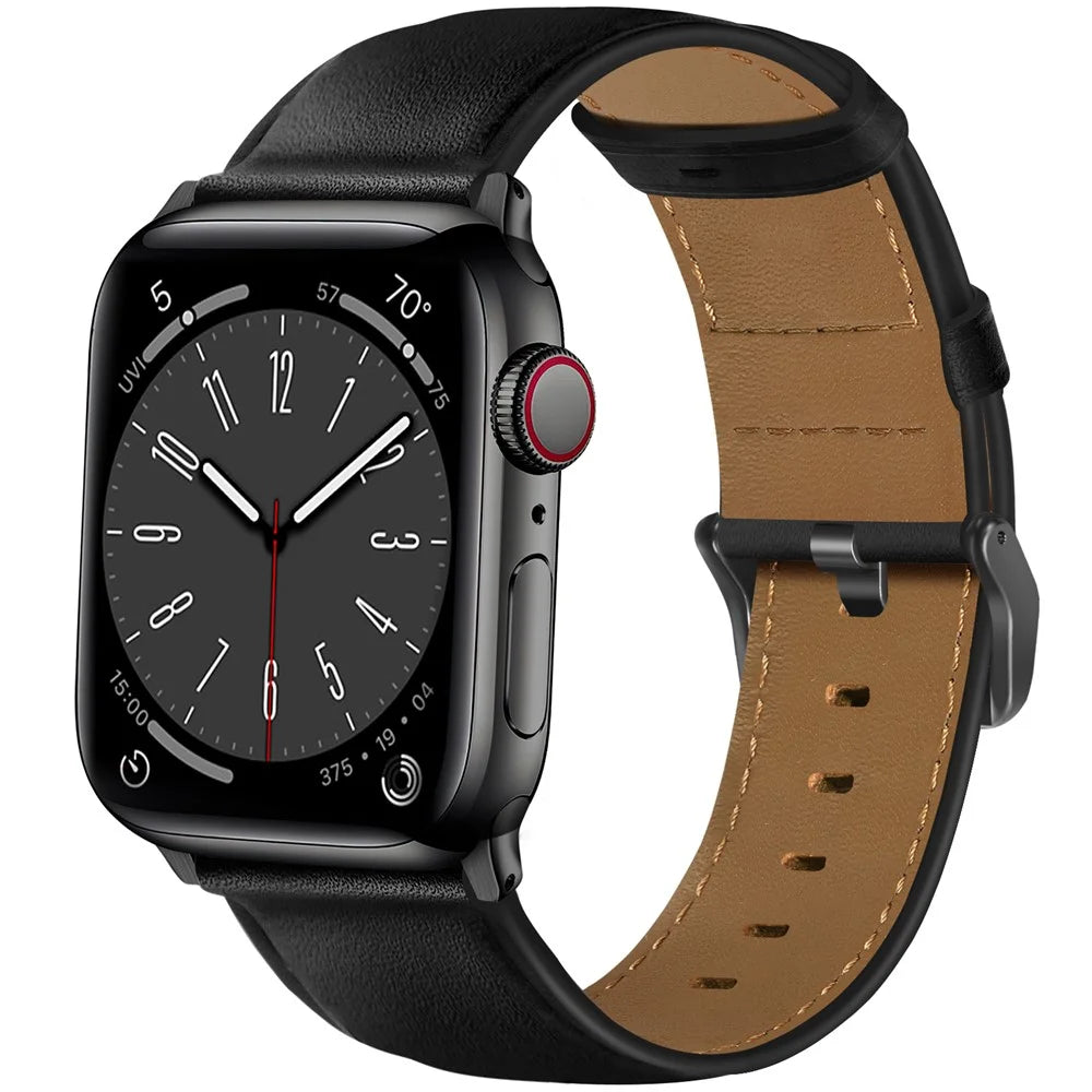 Watch Band for Apple Watch Ultra 3 2 1 49mm / Series 11 10 46mm / 9 8 7 45mm / SE3 SE2 SE 6 5 4 44mm / 3 2 1 42mm Genuine Cow Leather Strap - Black / Black Buckle - 2